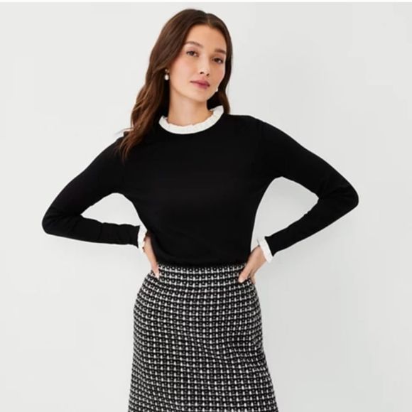Ann Taylor 2P Black White Ruffle Trim Top - Picture 3 of 3
